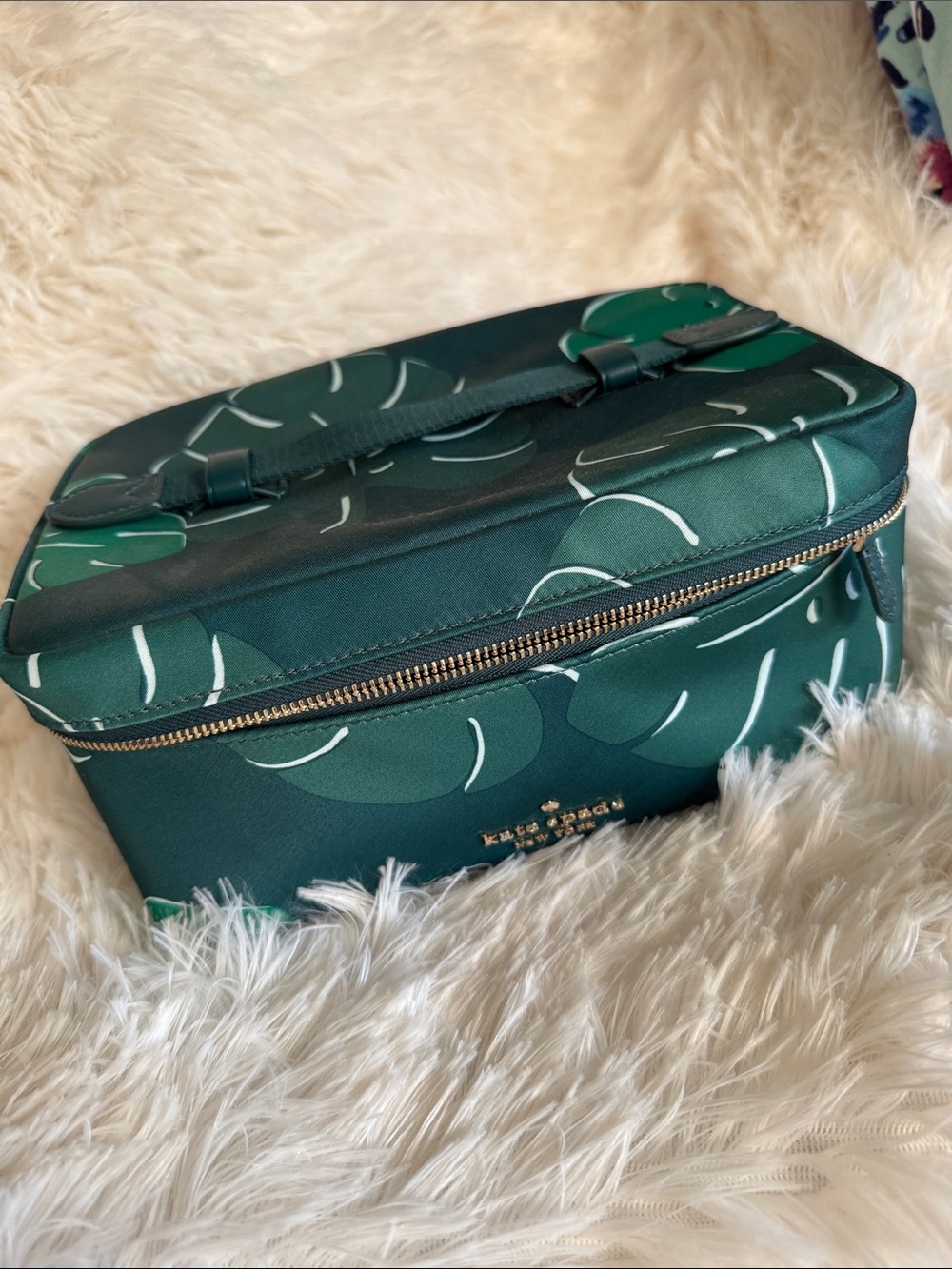 kate spade Dark Green Floral Leather Vanity Case with Gold Hardware